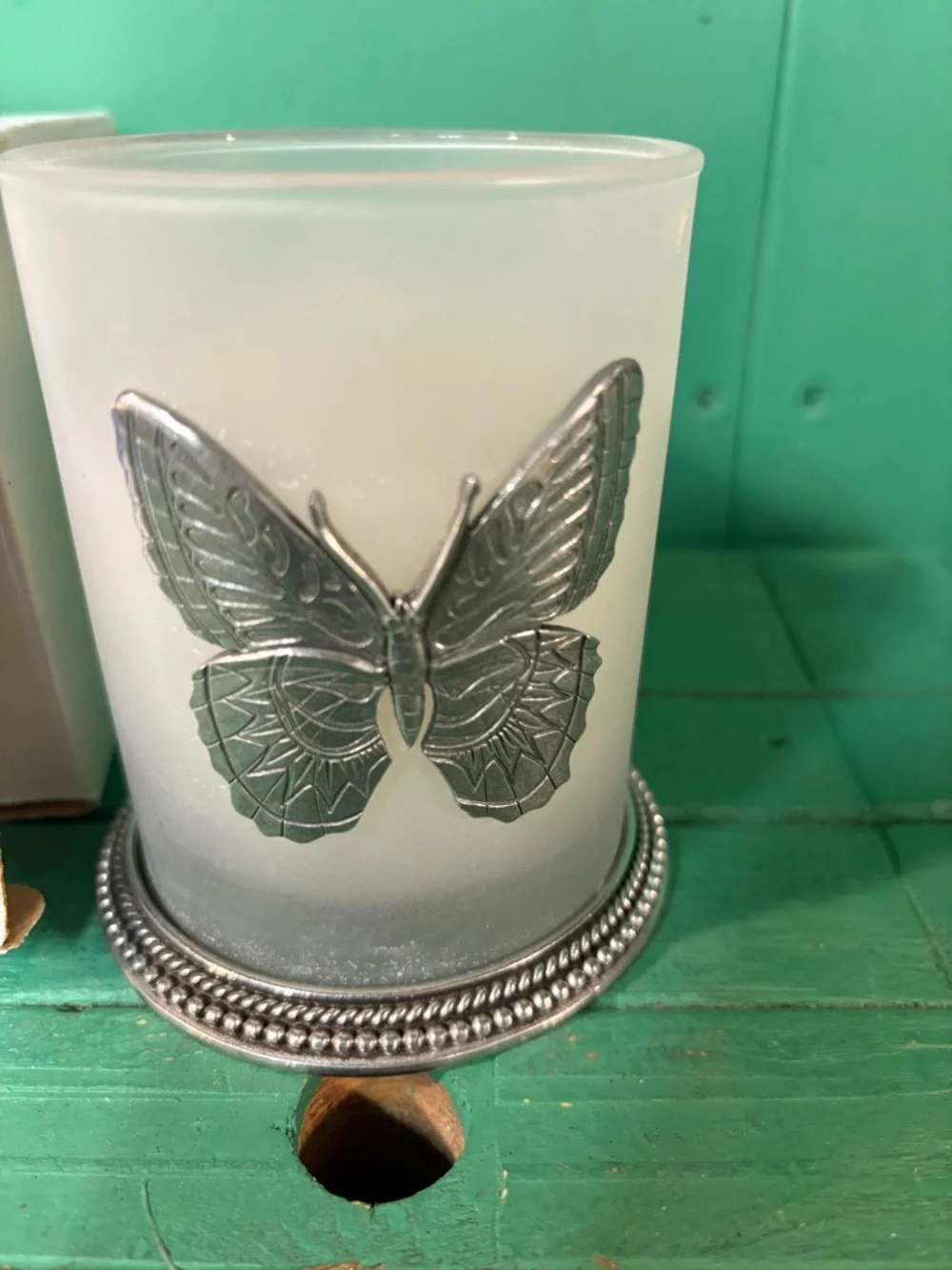 Heritage Frosted Glass Butterfly Candle Holder - White & Silver
